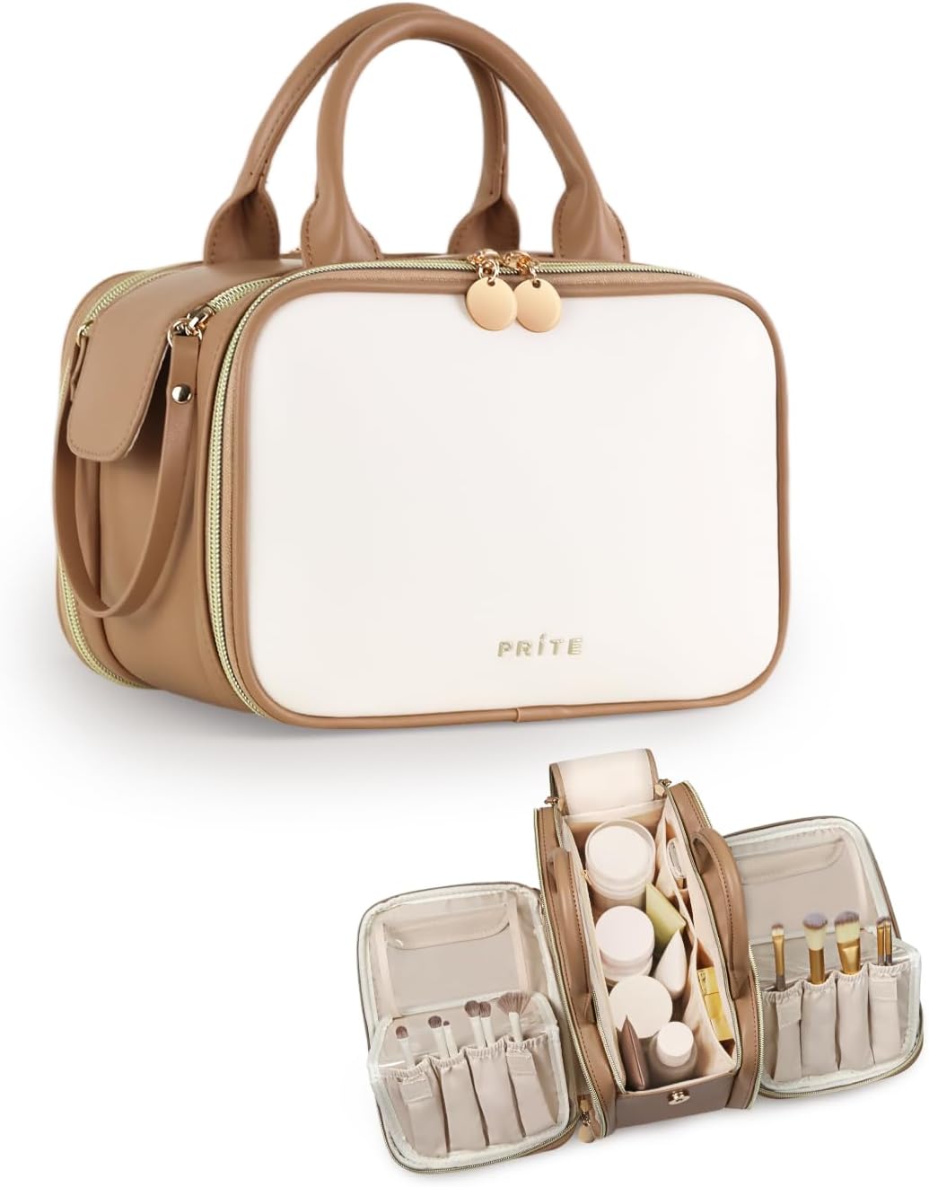 Prite Large Capacity Waterproof Makeup Bag with Brush Holder