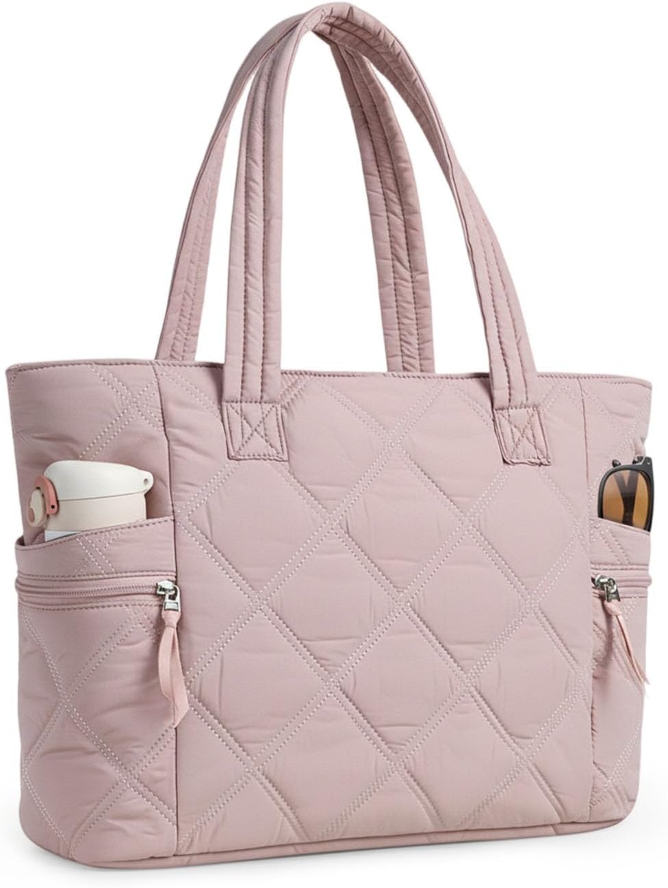 Prite Quilted Puffer Tote Bag for Women with Zipper (Pink)